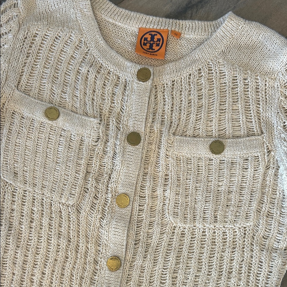 Tory Burch Cream Open Knit Button-Front Cardigan